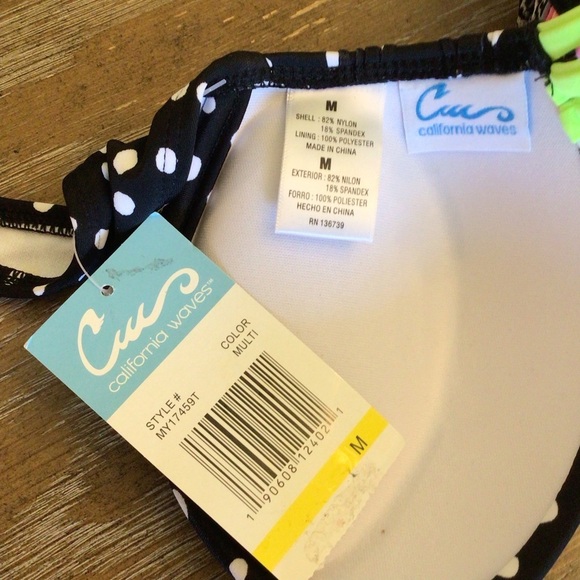 California Waves Black & White Polka Dot Neon Strappy Push Up Bikini Top Medium - Picture 5 of 6